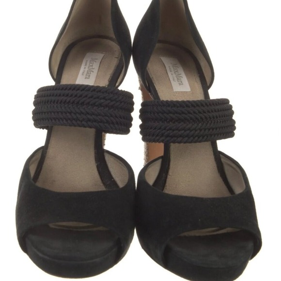 Max Mara Black Suede Raffia Heel Platform Peep Toe Heels Women's size 9/39 - Picture 7 of 12